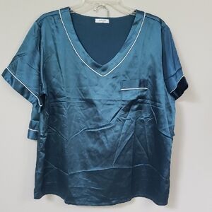 Ekouaer Loungewear Womens L Satin Teal Blue Pajamas V-Neck Top & Shorts Set